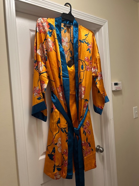 Other - Golden Floral Satin Kimono Robe with Teal Trim